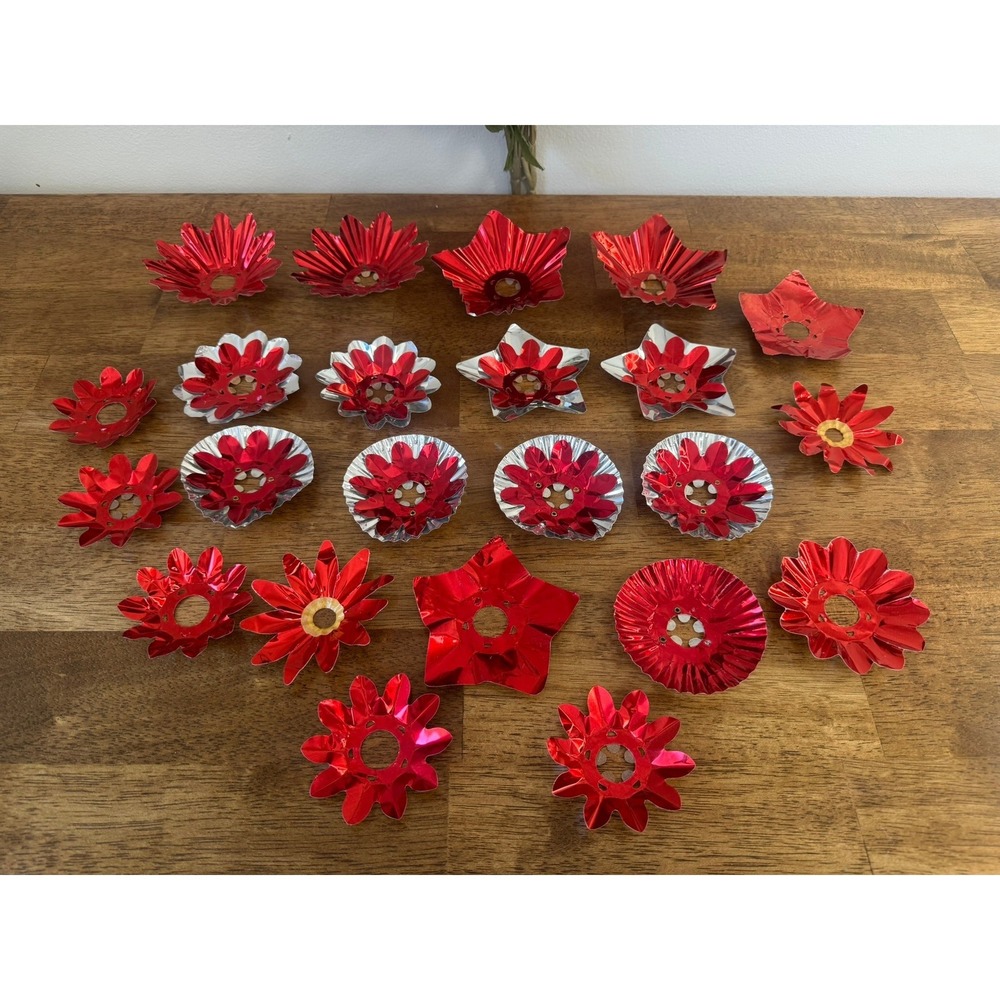Vintage Christmas Tree Light Reflectors Foil Ornaments Red Silver MCM Holiday